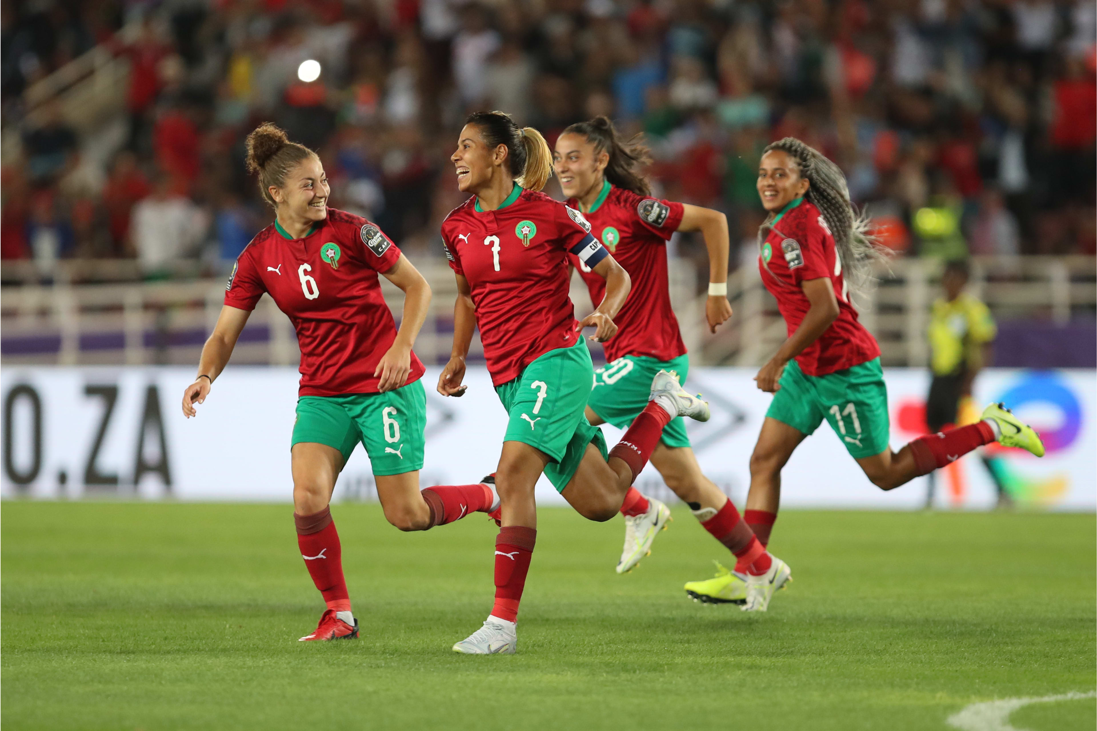 Ghizlane Chebbak of Morocco celebrates goal during the 2022 Women's Africa Cup of Nations match between Morocco and Burkina Faso held at the Prince Moulay Abdellah Stadium in Rabat, Morocco on 02 July 2022